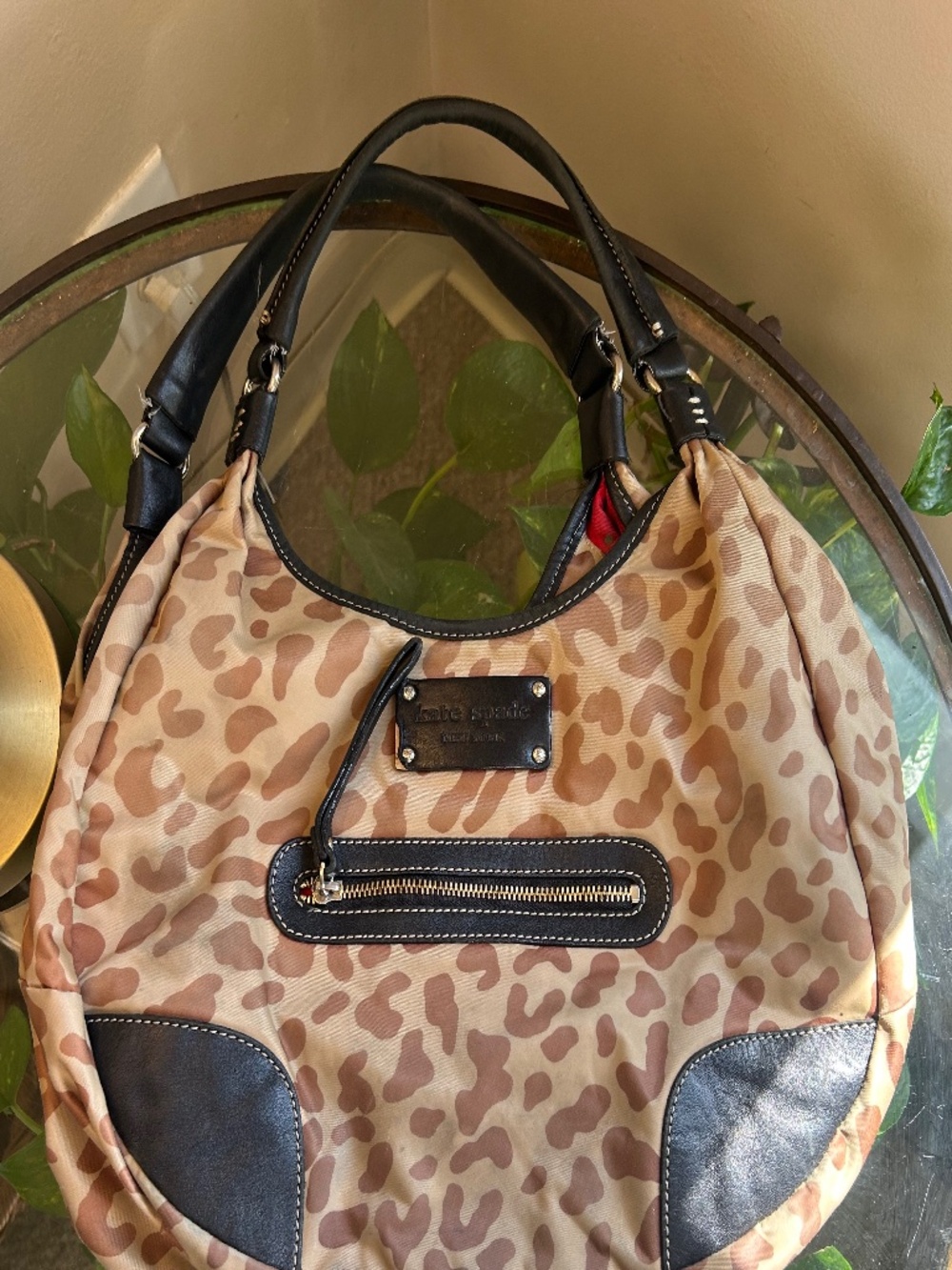 Kate Spade New York Leopard Print Shoulder Bag Beige Brown Black Trim Red Lining